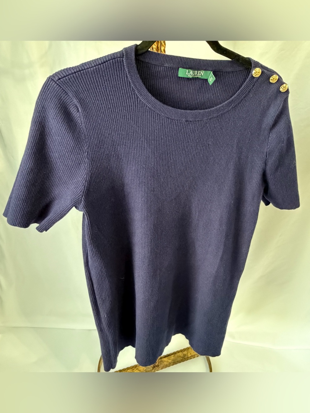 Lauren Ralph Lauren Ribbed Knit Short Sleeve Top Navy Blue Gold Buttons L